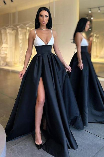 edgynewlook Black and White Spaghetti-Straps Prom Dress