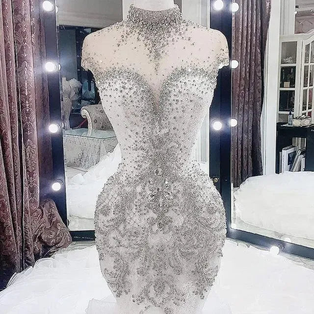 White luxury beaded long slim fit ball gown evening dress mermaid wedding dress gh1884