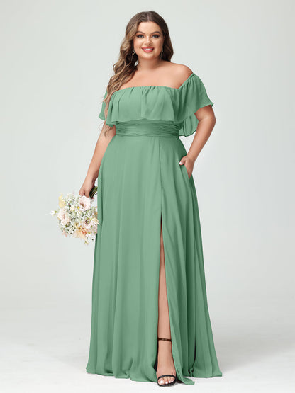 A-Line/Princess Off-the-Shoulder Short Sleeves Chiffon Plus Size Bridesmaid Dresses with Pockets & Split Side