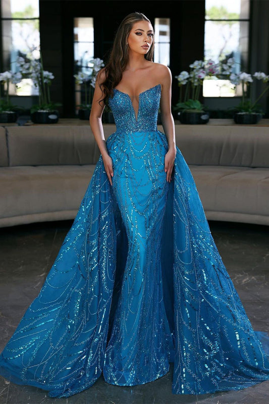 edgynewlook Blue Mermaid Sleeveless Prom Dress Tulle Ruffles With Appliques