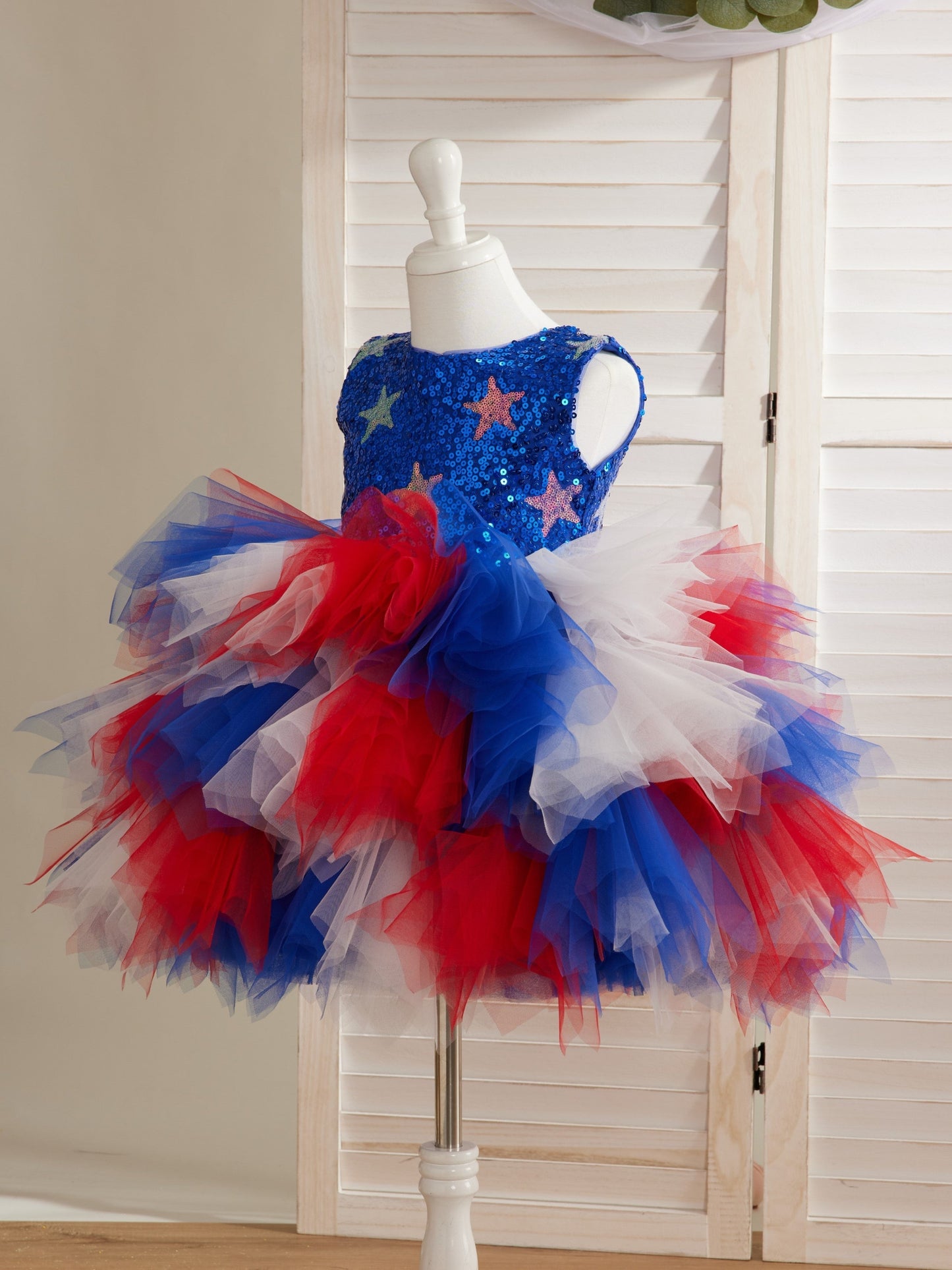 Star Sequins Tulle Knee-length Blue Girl Dress