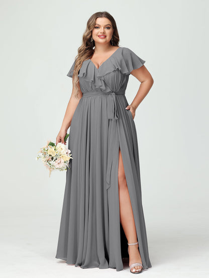 A-Line/Princess V-Neck Short Sleeves Chiffon Plus Size Bridesmaid Dresses With Pockets,Ruffles  ,Ruched & Split Side