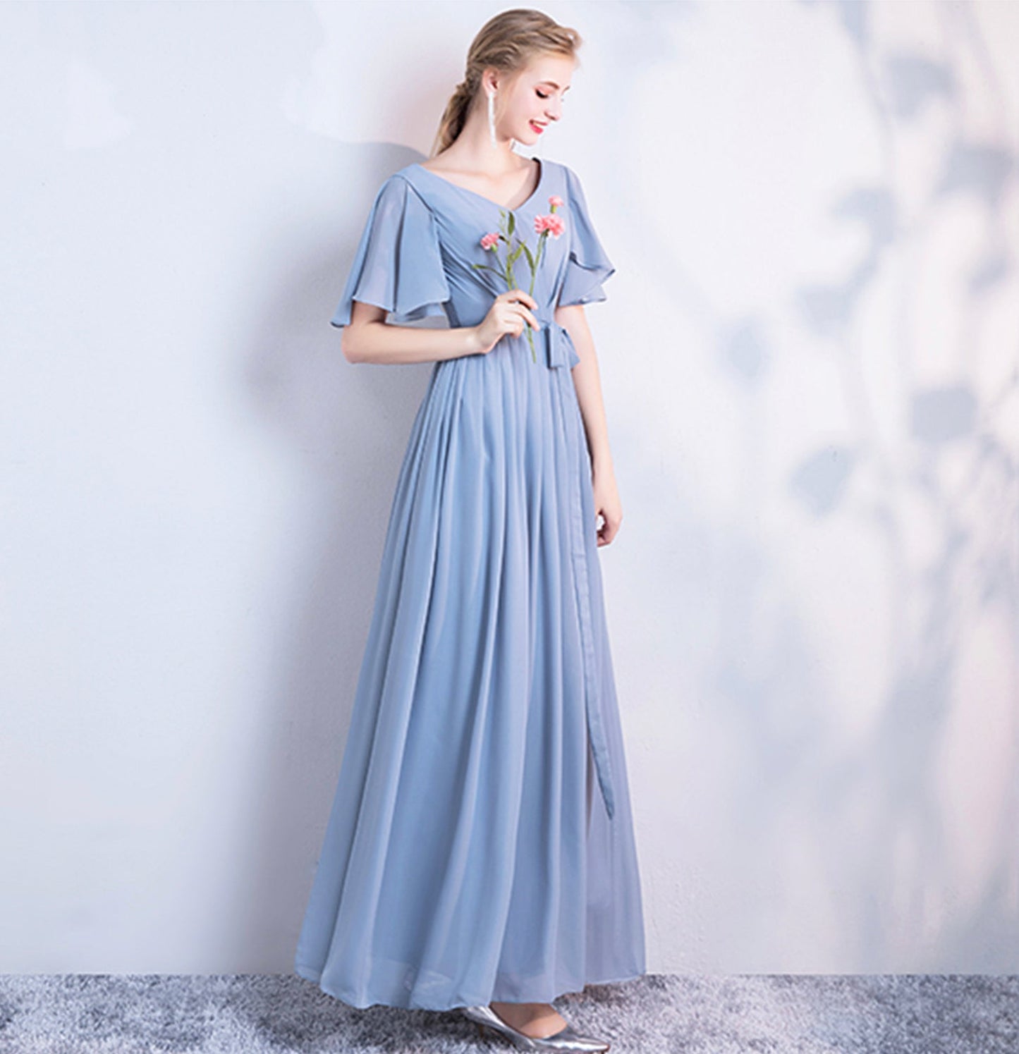 Blue chiffon long A line prom dress bridesmaid dress  10043