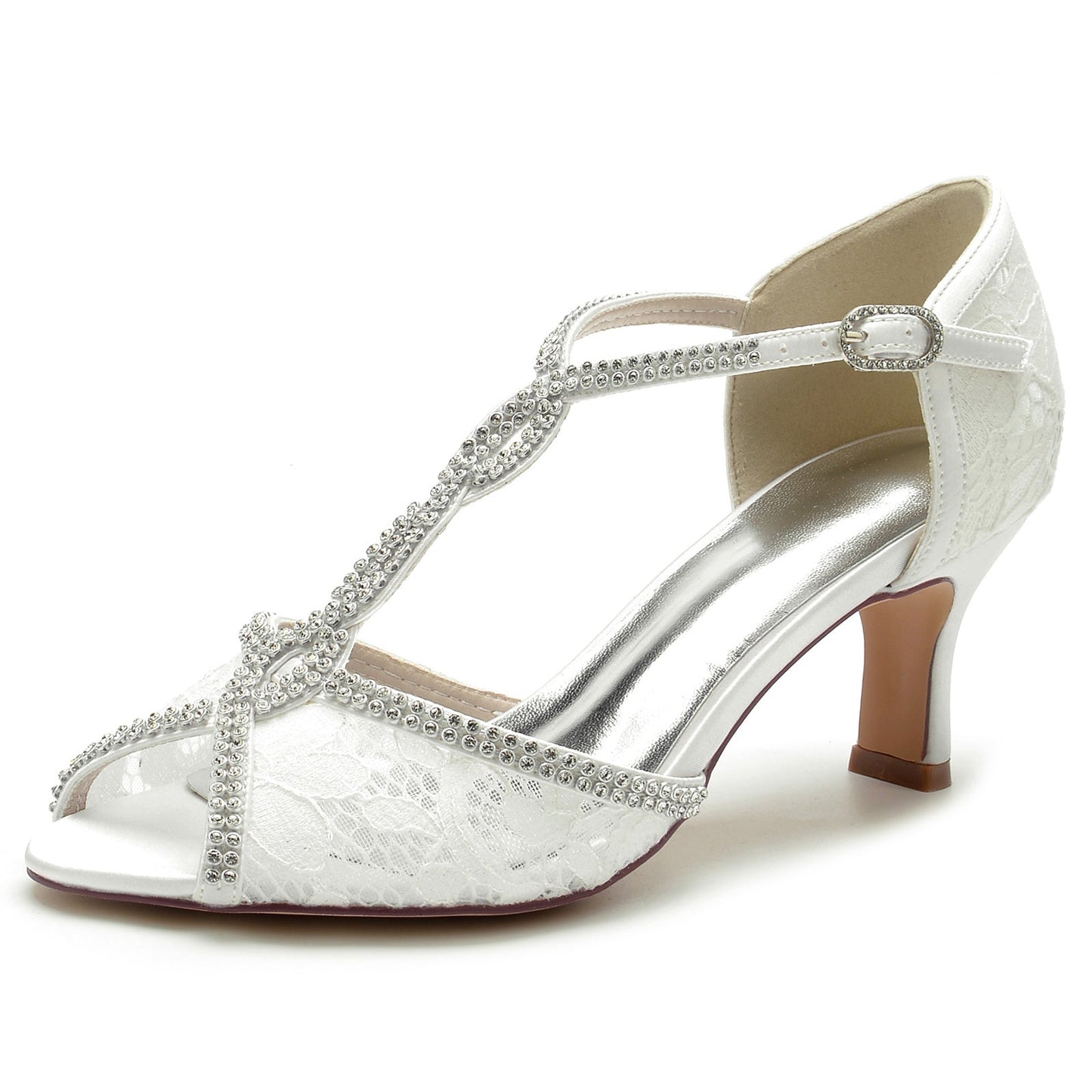 Women's Wedding Shoes Lacework Mini Crystal Strappy Mid Peep Toe Buckle Bridal Shoes