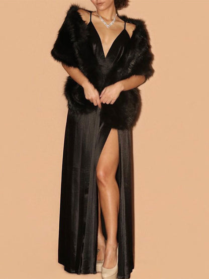 Wihte Faux Fur Wraps Shawls Women‘s Wrap Elegant Sleeveless Wedding Guest Wraps With Pure Color