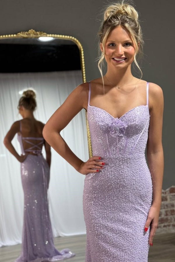 Lilac Beaded Spaghetti-Straps Mermaid Prom Dress ZT0504