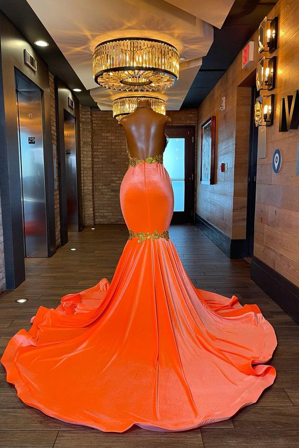 edgynewlook Sleeveless Orange Mermaid Elegant Prom Dress Appliques With Beads