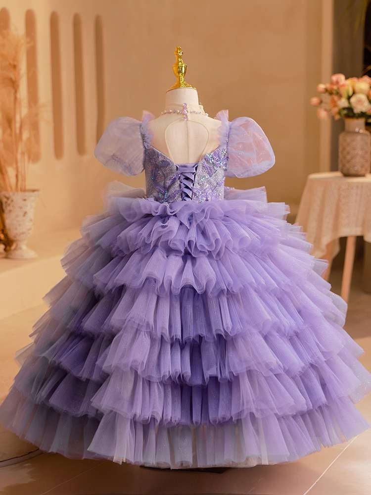 Ball Gown Short Sleeves Multi-Layered Tulle Girl Party Dresses with Appliques