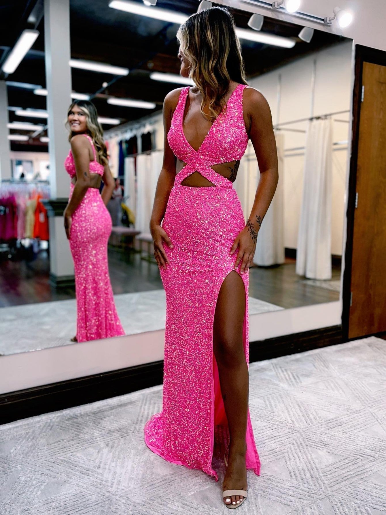 Salma |Mermaid V Neck Sequins Prom Dress with Slit