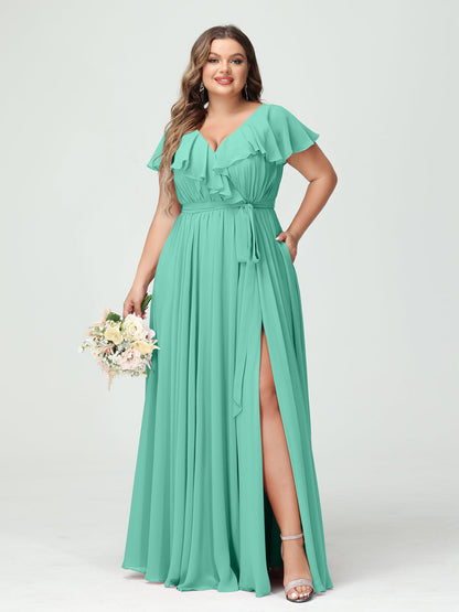 A-Line/Princess V-Neck Short Sleeves Chiffon Plus Size Bridesmaid Dresses With Pockets,Ruffles  ,Ruched & Split Side