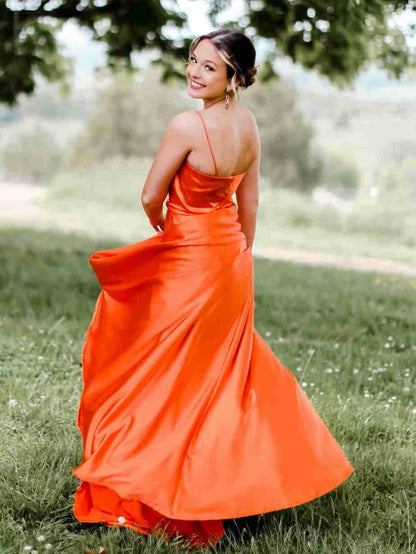 Araya |A Line Cowl Neck Satin Prom Dress With Slit