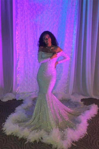 Long Sleeves Off-the-Shoulder Sequins Mermaid Long Prom Dress With Feather PD0669