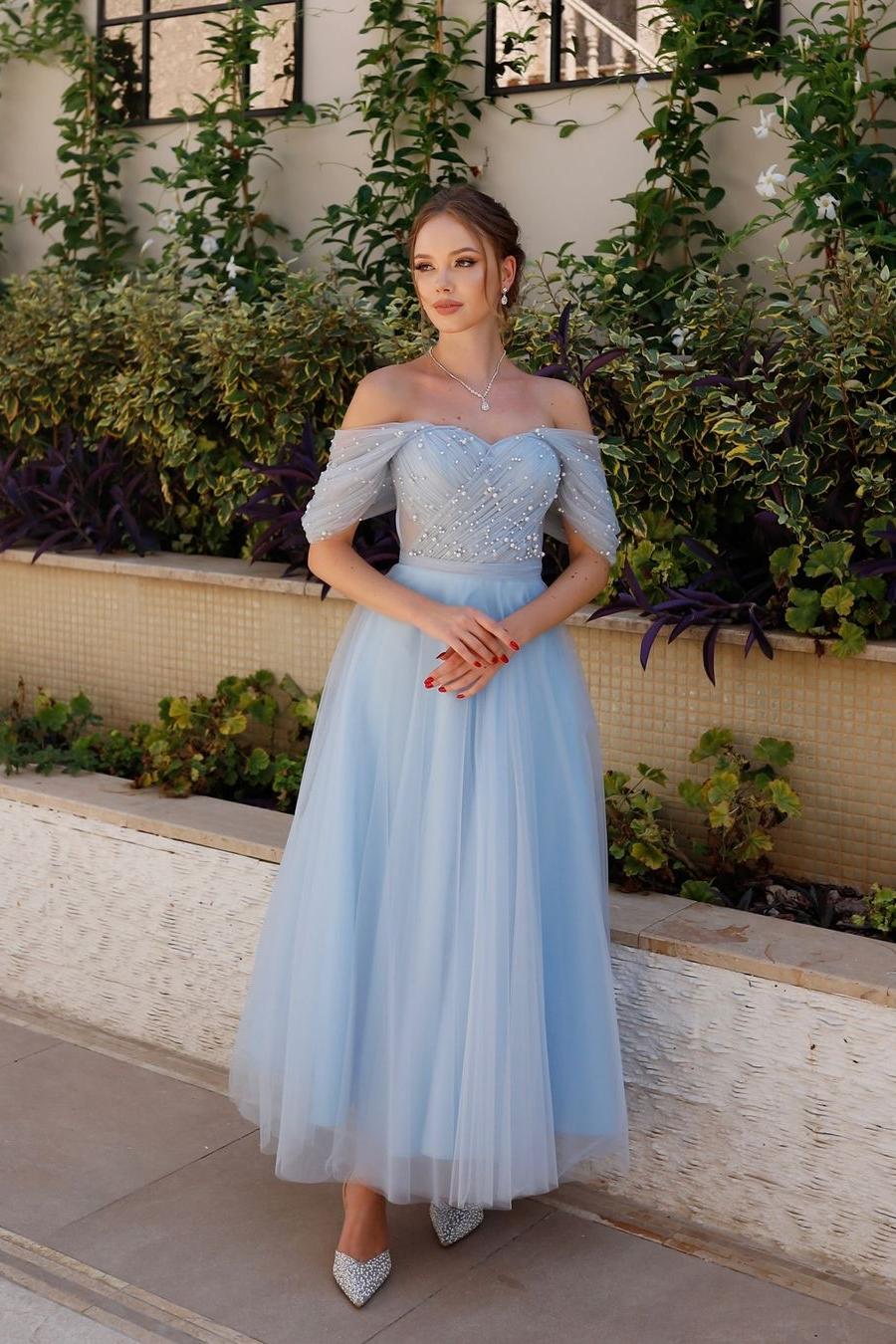 edgynewlook Stunning Sky Blue Tulle Strapless Off the Shoulder A Line Prom Dress with Beadings