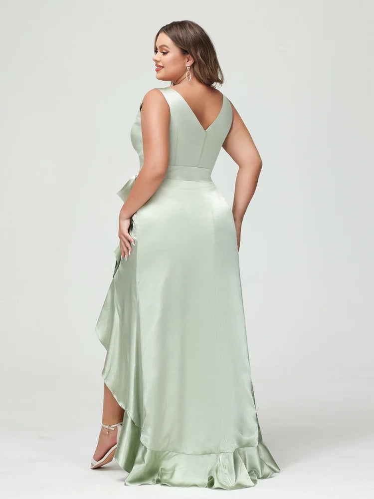 Sheath/Column V-Neck Sleeveless Ruffles High Low Plus Size Dresses with Pockets & Sash