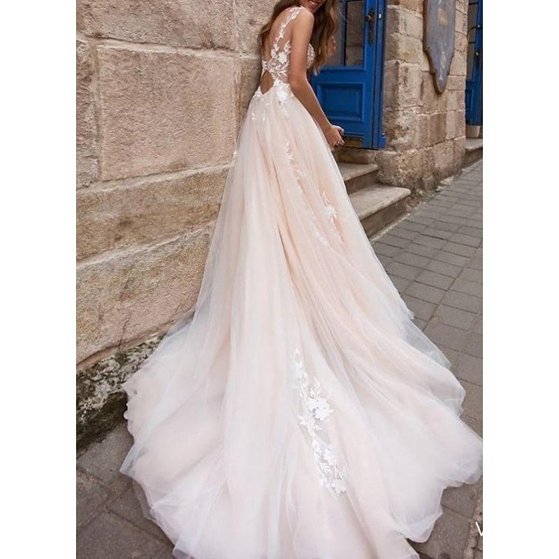 A-Line/Princess Beach Wedding Dress V Neck Sleeveless with Appliques