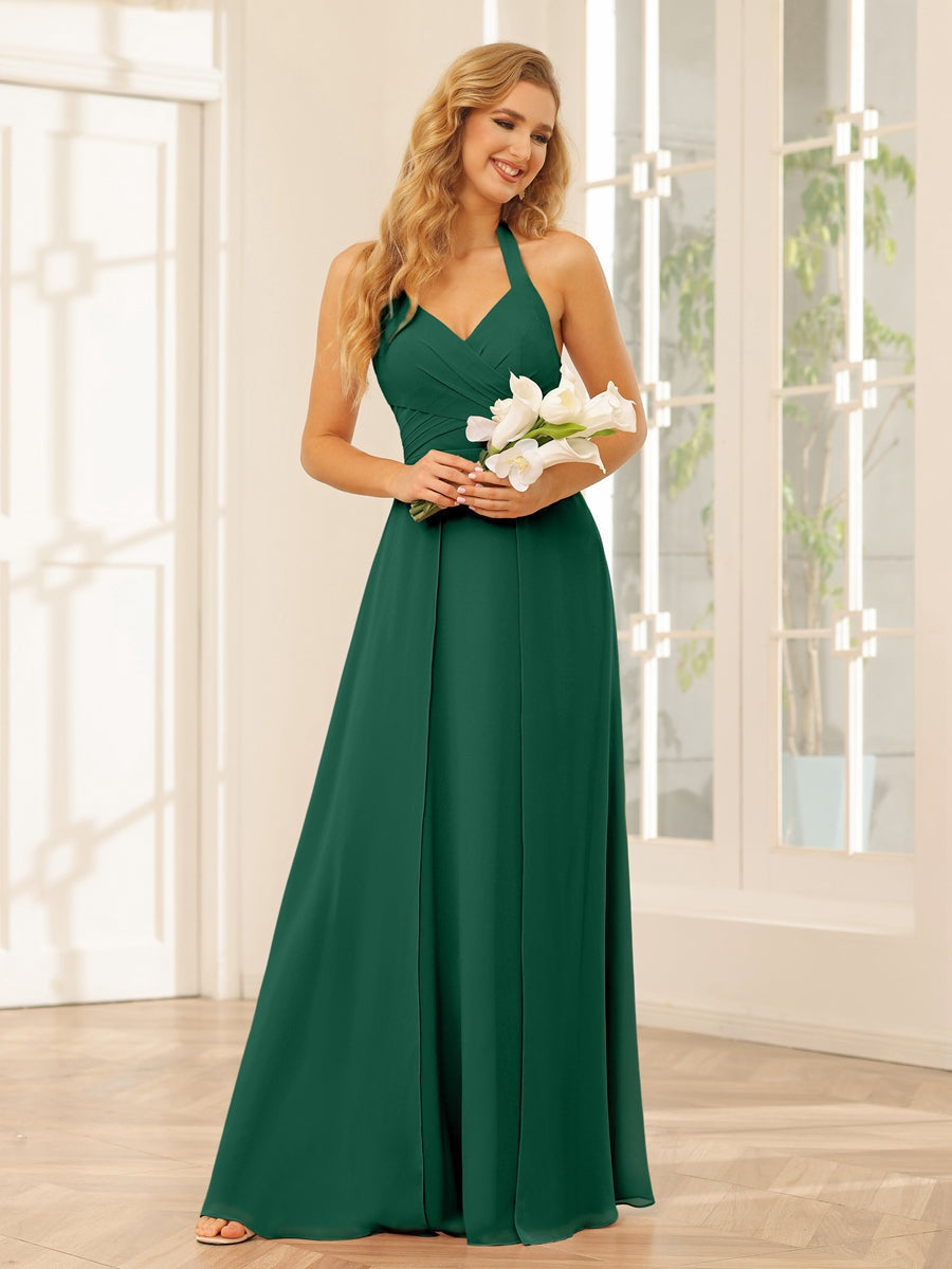 A-Line/Princess Halter Sleeveless Floor-Length Bridesmaid Dresses with Split Side