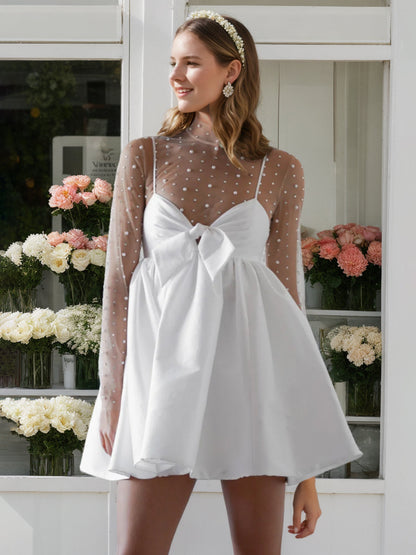 A-Line/Princess Spaghetti Straps Long Sleeves Mini Wedding Dress With Bowknot