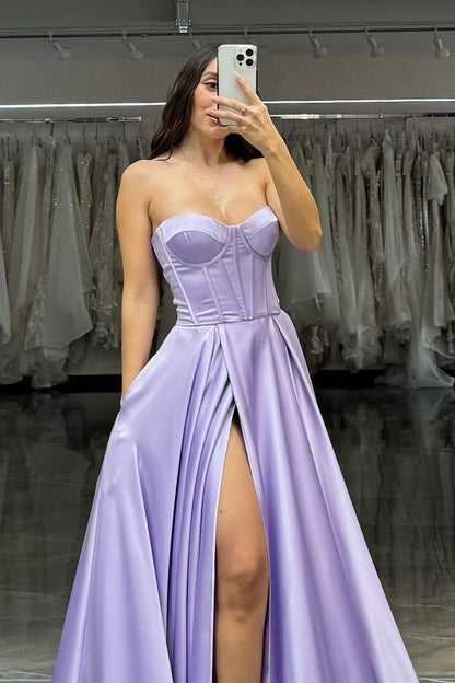 edgynewlook Simple Lilac Satin Strapless Sleeveless Long Pleated Prom Dress with Split