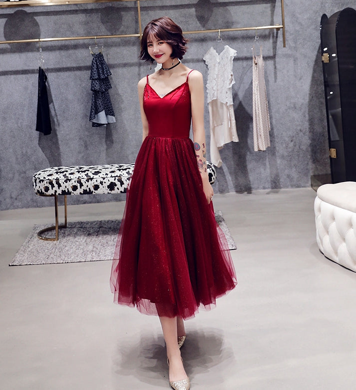 Burgundy tulle short prom dress cocktail dress  8357