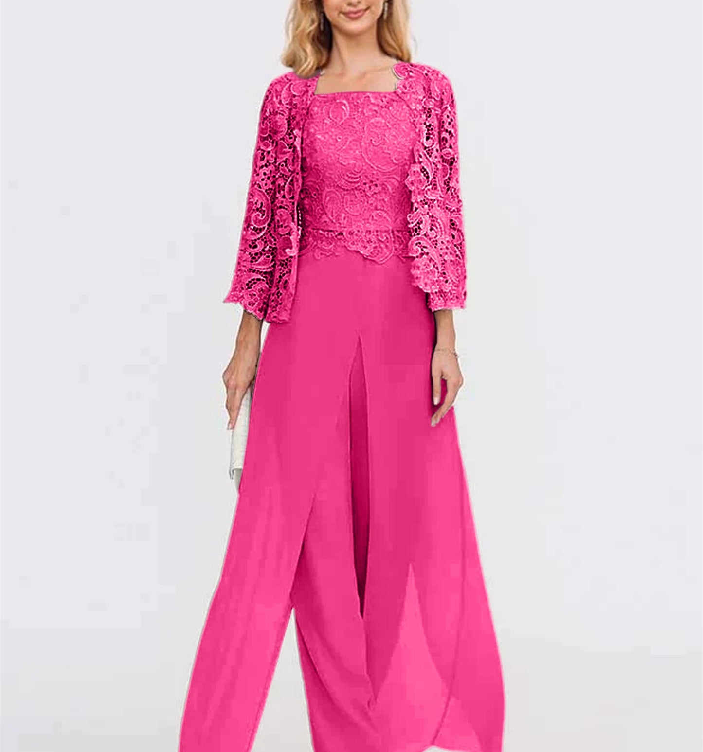 Chiffon Square Neck Floor-Length Mother of the Bride Pantsuits with Jacket & Split Side