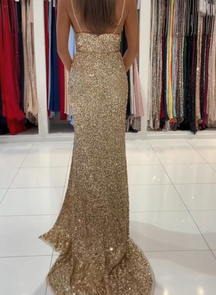 Gold Sequins Mermaid Prom Dress With Slit PD0470