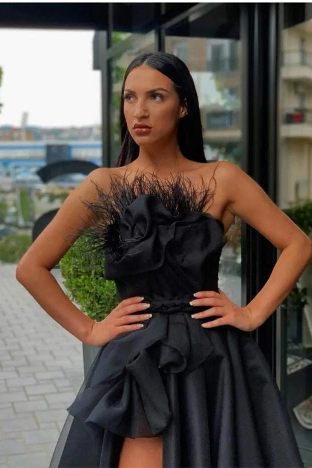 Black Long Prom Dress Split With Feather PD0468