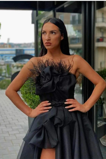 Black Long Prom Dress Split With Feather PD0468