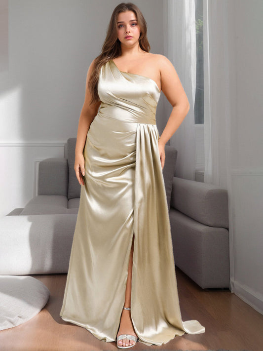 A-Line/Princess One-Shoulder Sleeveless Floor-Length Stretch Satin Plus Size Bridesmaid Dress With Ruffles