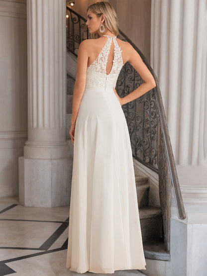 A Line/Princess Halter Neck Sleeveless Floor-Length Wedding Dress with Lace Embroidery