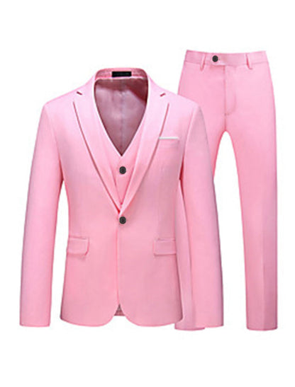 Pink Red Blue Yellow Men's Tailored Fit 3 Pieces Solid Colored Single Breasted One-button Party Suits