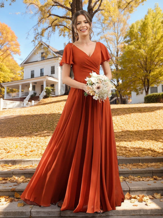 A-Line/Princess V-Neck Short Sleeves Bridesmaid Dresses with Split Side & Ruched