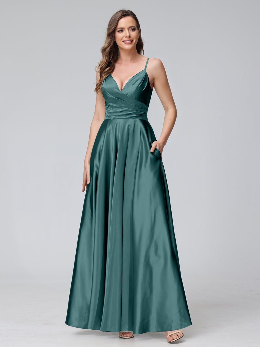 A-Line/Princess V-Neck Sleeveless Ankle-Length Silk Satin Bridemaid Dresses with Pockets & Split Side