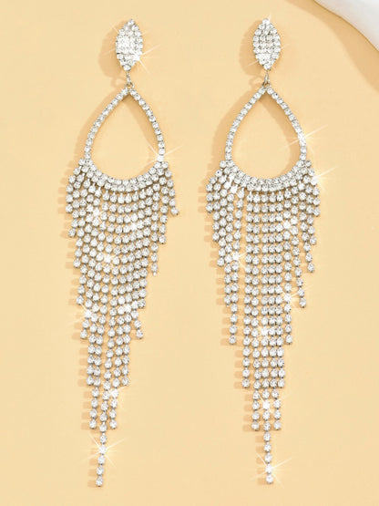 Women's Silver Luxury Exquisite Crystal Tassel Long Teardrop Earrings