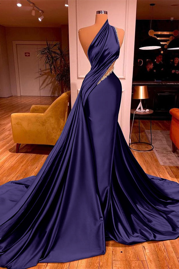 Okdais Elegant One Shoulder Prom Dress Long Mermaid Pleated Dress With Beads ED0018