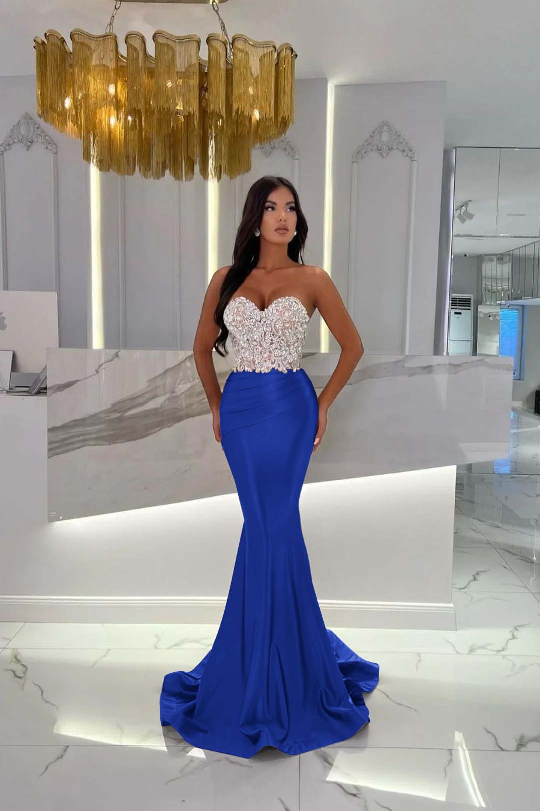 Prom Dress Satin Gold Sweetheart Sleeveless StraplessWith Rhinstone Mermaid YL0278