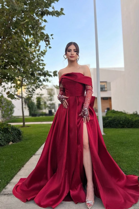 edgynewlook Burgundy Off-the-Shoulder A-Line Prom Dress Long Slit with Beaded Gloves