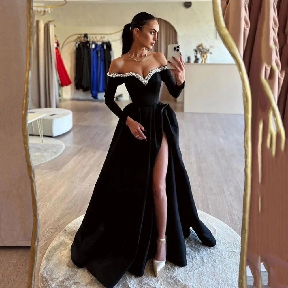 Black Prom Dress Long A Line Pleated High Slit YH0039