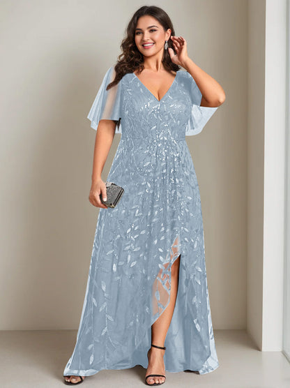 A-Line/Princess V-Neck Short Sleeves Asymmetrical Plus Size Mother Of The Bride Dresses with Sequins