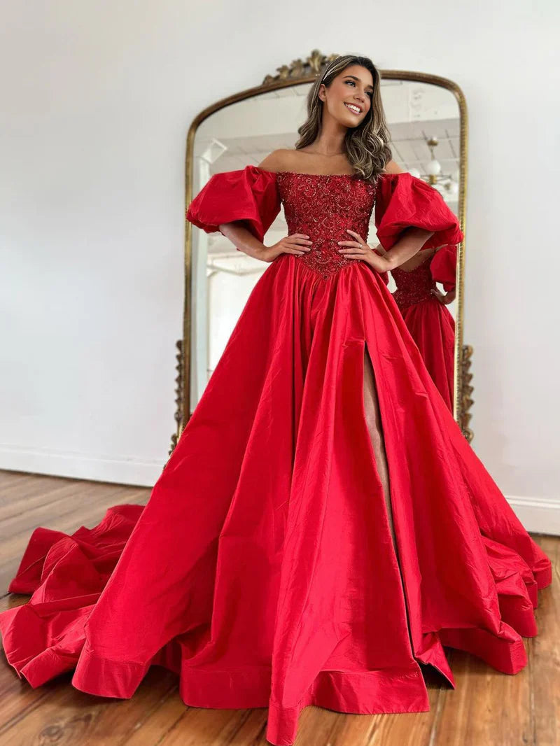 Liana |A-Line Off The Shoulder Taffeta Prom Dress With Short Puffy Sleeves