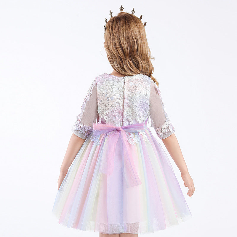 Ball Gown Scoop Neck Half Sleeves Tulle Flower Girl Dress with Appliques & Bow