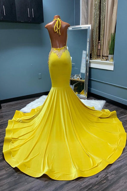 edgynewlook Mermaid Yellow Halter Classic Prom Dress With Appliques