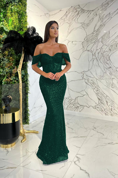 Amazing Dark Green Sweetheart Off-The-Shoulder Prom Dress With Appliques Sequins ED0410