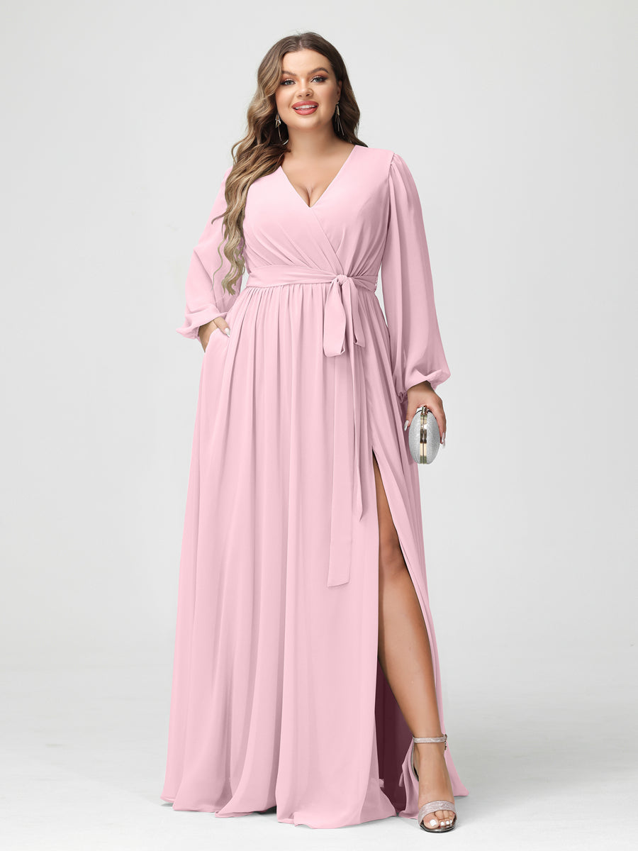 A-Line/Princess V-Neck Long Sleeves Chiffon Plus Size Bridesmaid Dresses with Pockets