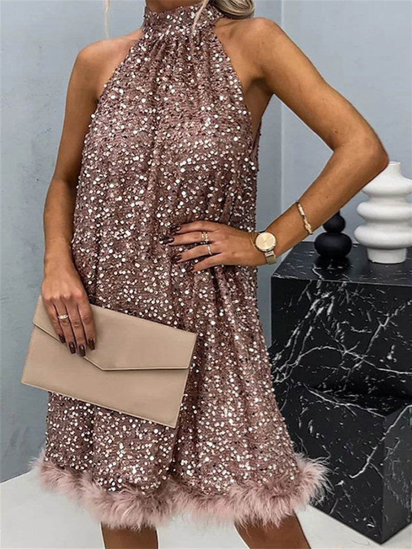 Women's Sequin Dress  Feather Dress Sequins Sparkle Halter Neck Sleeveless Mini Dress