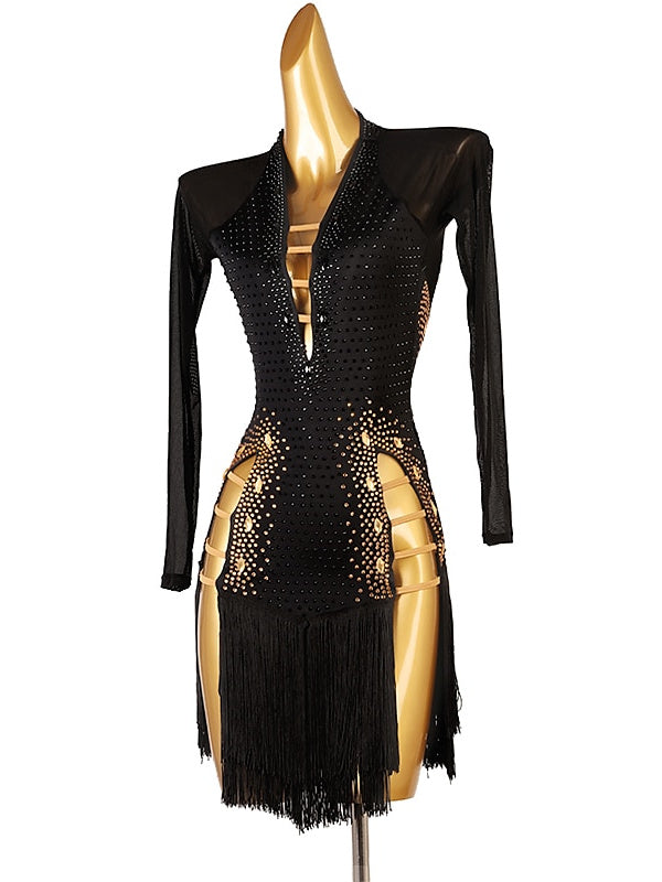 Latin Dance Dress Long Sleeve Tassel Crystals/Rhinestones Women's Performance  Chinlon Mesh