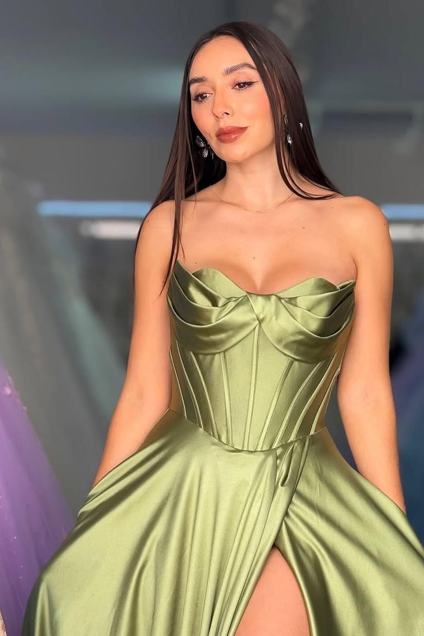 edgynewlook Charming Sage Satin Sleeveless Strapless Sweetheart Long Split Prom Dress with Pleated