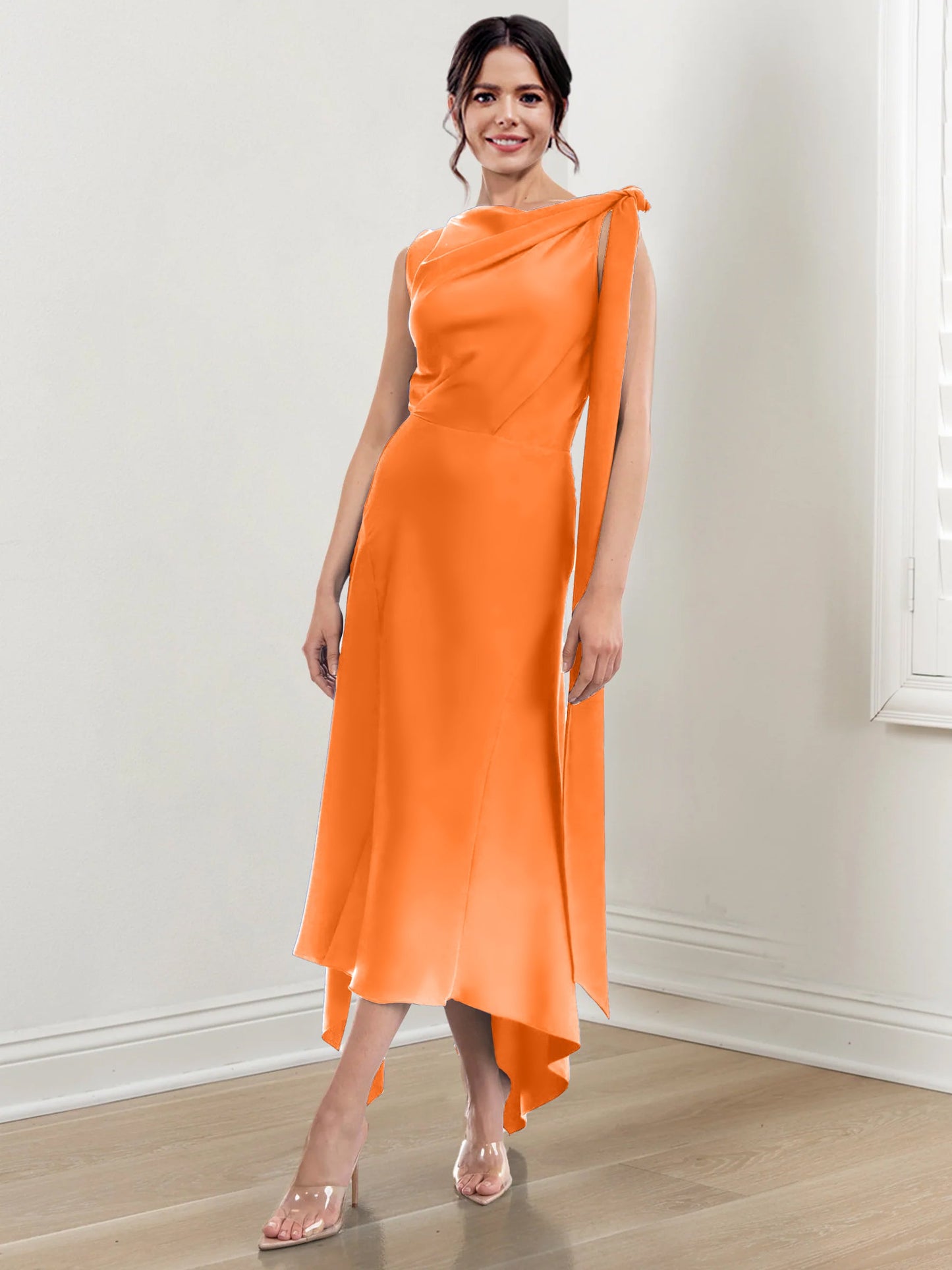 Sheath/Column Jewel Neck Tea-Length Asymmetrical Mother of the Bride Dresses with Ruched