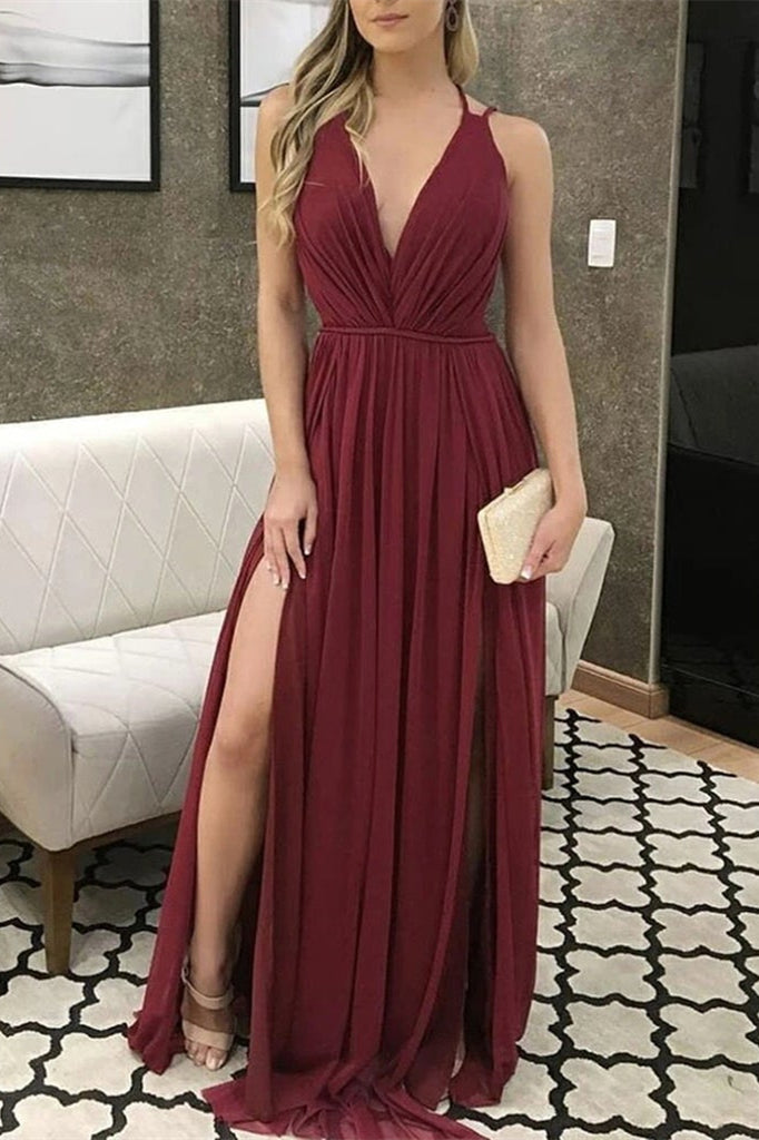 V-Neck Burgundy Chiffon Prom Dress With Slit PD0421