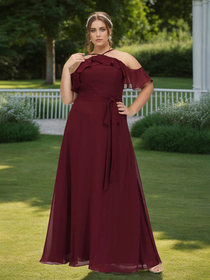 A Line/Princess Short Sleeves Floor-Length Plus Size Bridesmaid Dresses with Bowknot