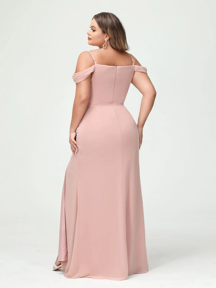 Sheath/Column Spaghetti Straps Off-the-Shoulder Chiffon Split Side Plus Size Bridesmaid Dresses